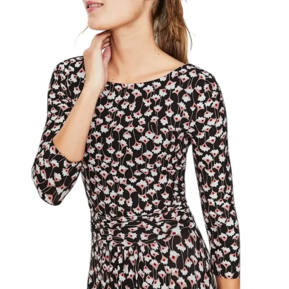 Boden Maisie Matte Jersey Midi Dress Black Floral Handkerchief Hem Ruched Size 8 - Picture 5 of 12
